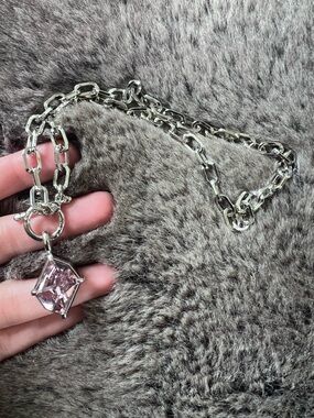Myka Silver Chain Necklace with Pink Square Crystal Pendant